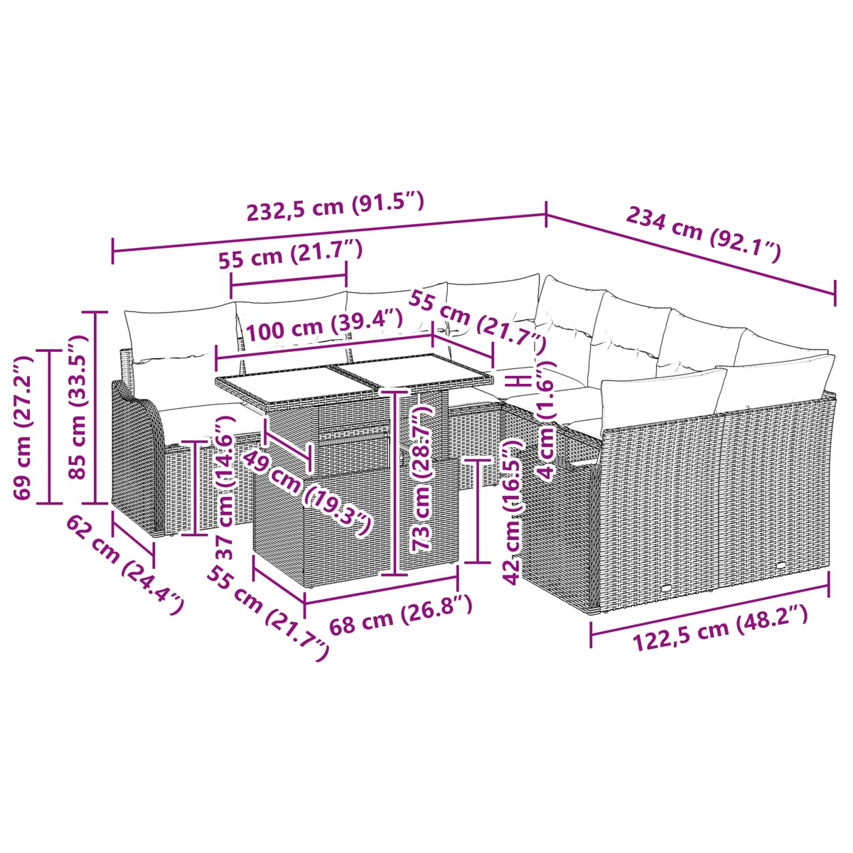 Outdoor-Ecksofa-Set mit Maßangaben. Enthält einen Tisch und Kissen.