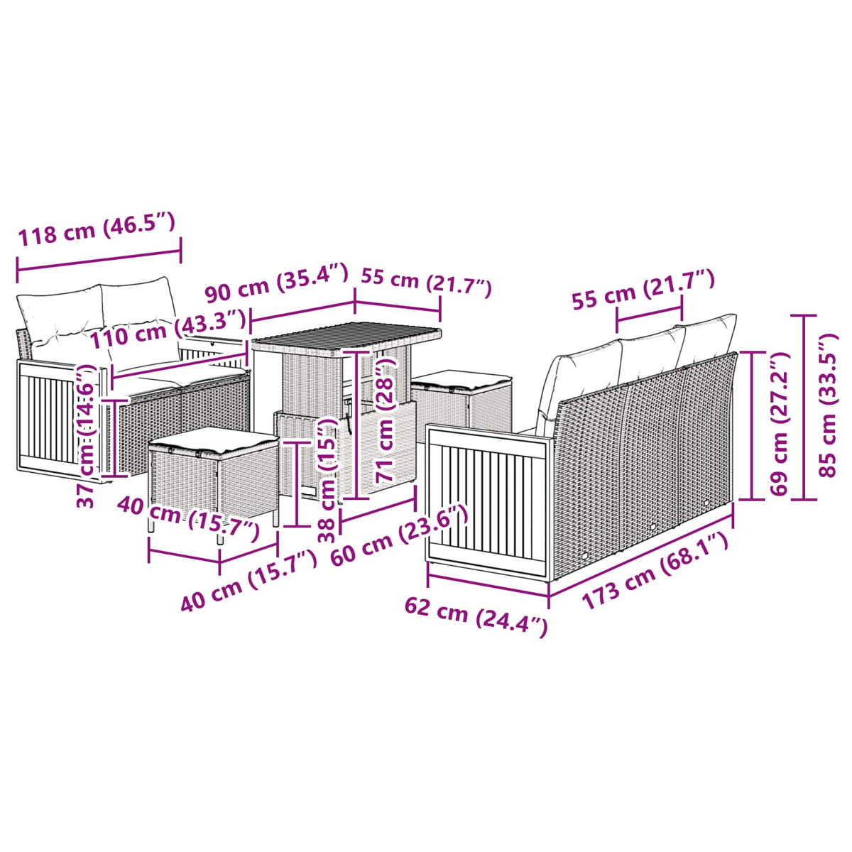 Ein Diagramm zeigt ein Rattan-Gartenmöbelset, mit Abmessungen in Zentimetern und Zoll beschriftet.
