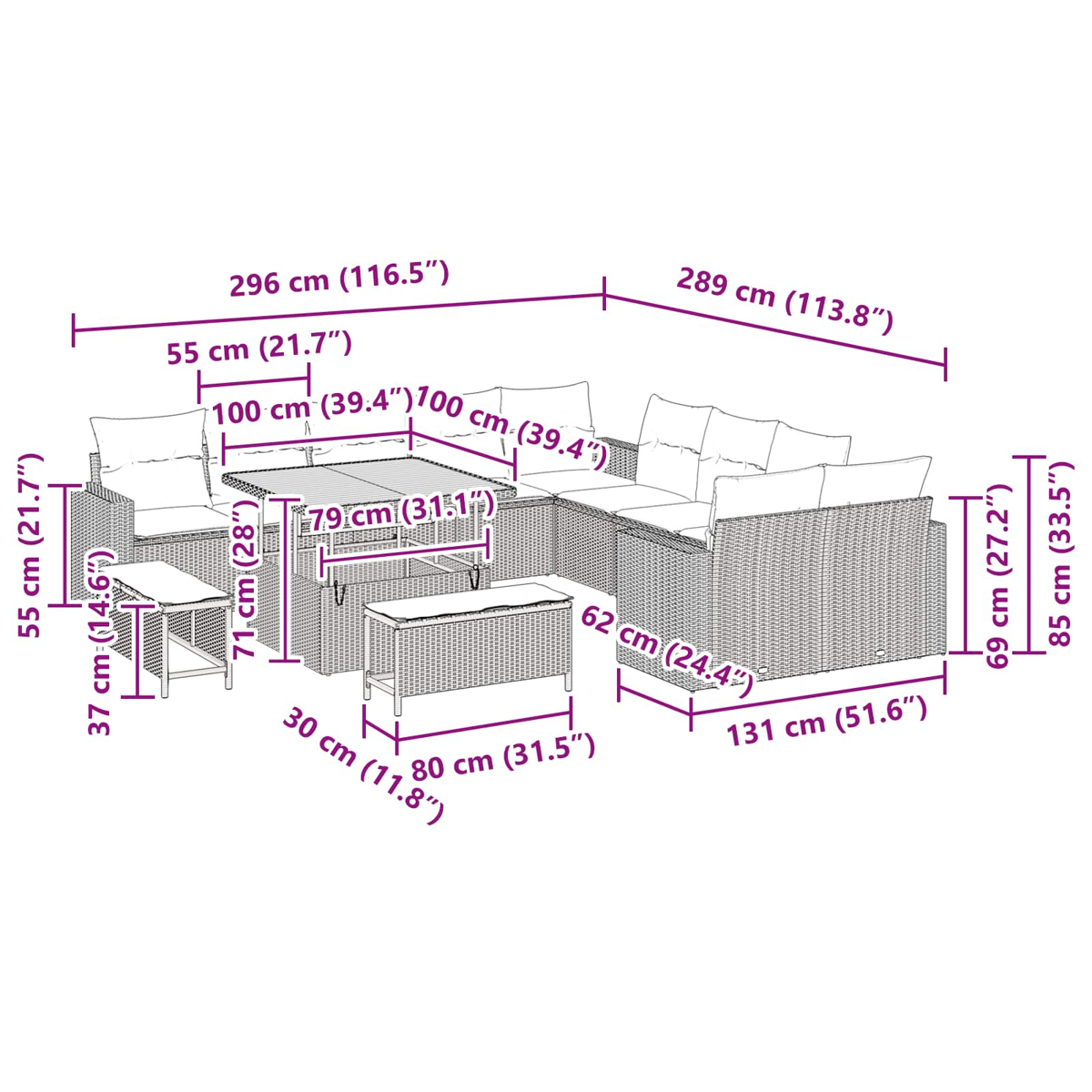 Diagramm eines Outdoor-Möbelsets mit Maßen. Enthält einen Tisch, ein Sofa und eine Bank, alles in einem Korbmuster.