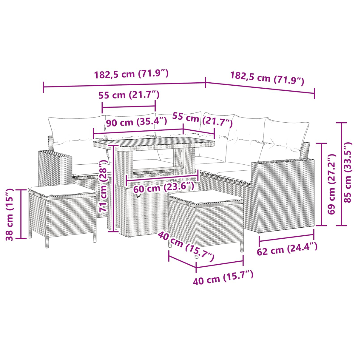 Ein Diagramm zeigt ein Rattan-Gartenmöbelset mit Maßen. Es umfasst einen Tisch, ein Sofa und zwei Fußhocker.