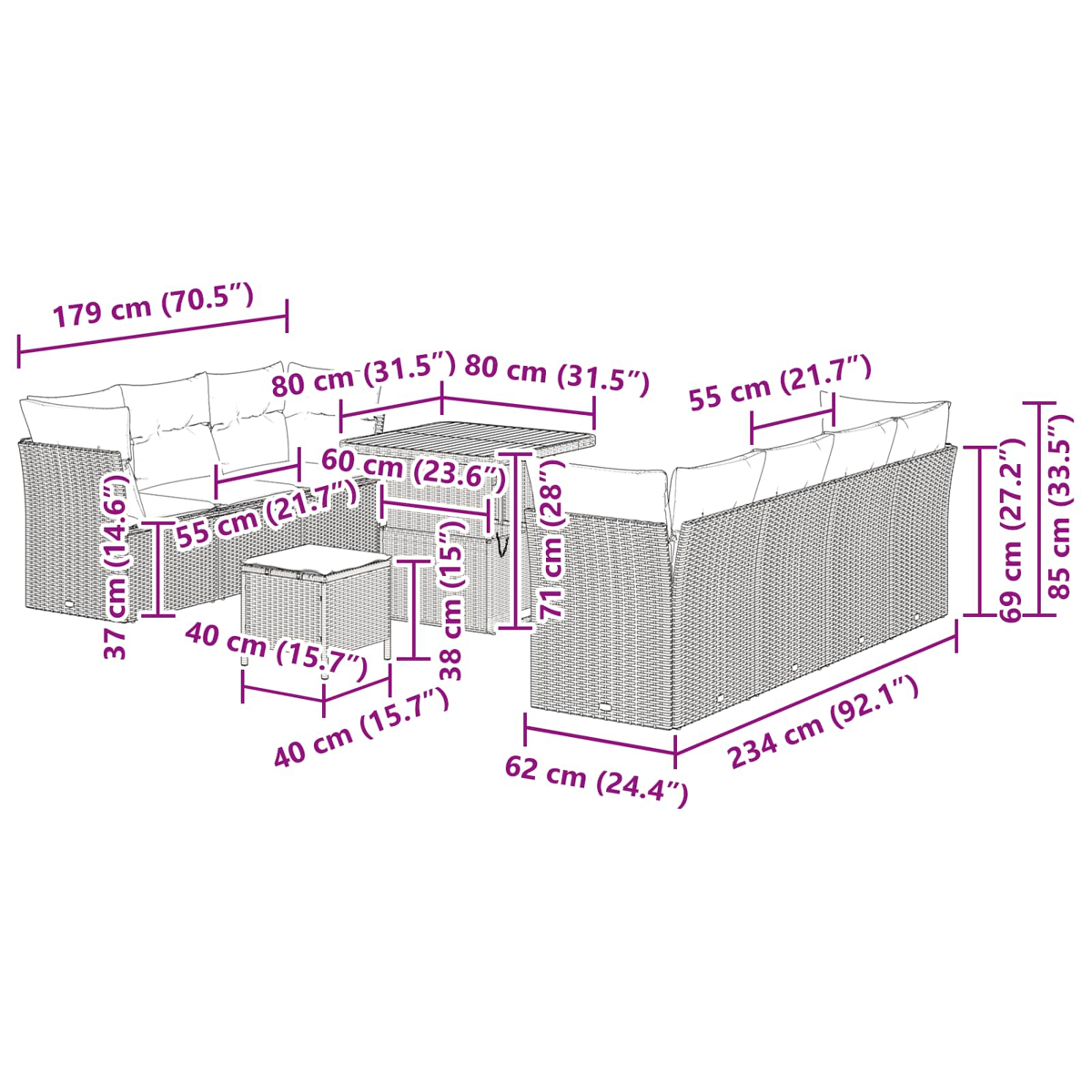 Diagramma di un set di mobili da esterno in rattan con dimensioni in cm e pollici. Include un divano, un tavolo e un tavolino quadrato.