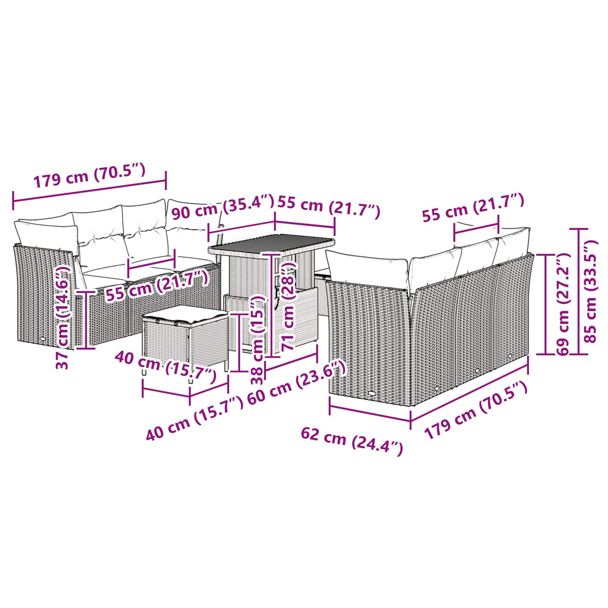 Diagramm eines Rattan-Gartenmöbelsets mit Abmessungen. Enthält ein Sofa, zwei Sessel, einen Tisch und einen Hocker.