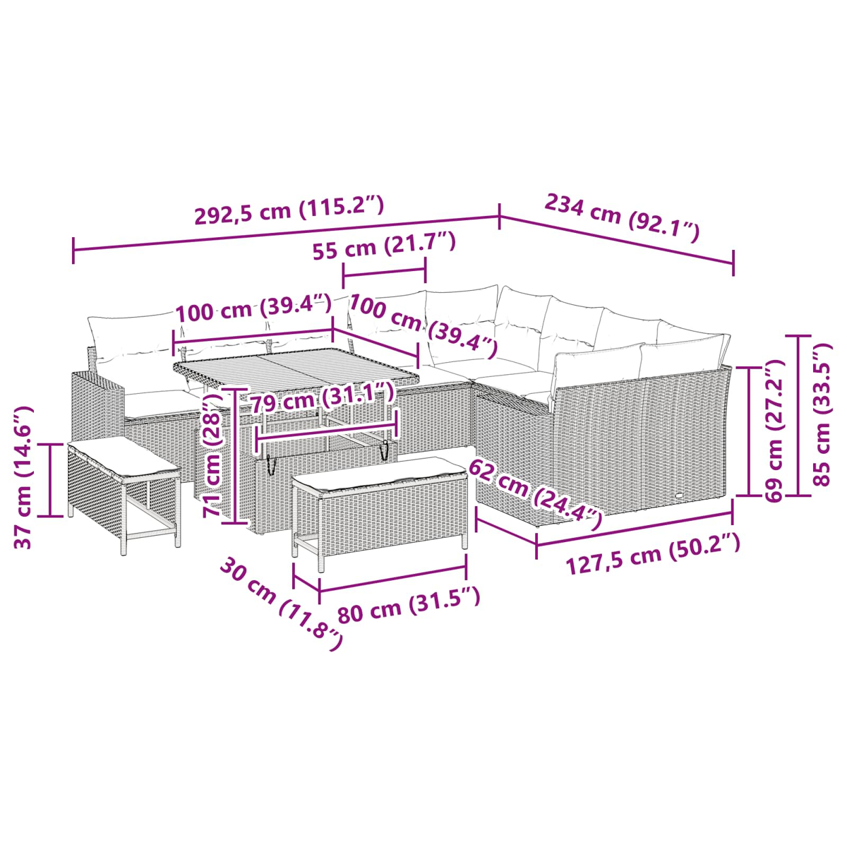 Diagramm eines Outdoor-Korbmöbelsets. Die Abmessungen sind in cm und Zoll für Tisch, Sofa und Bänke angegeben.