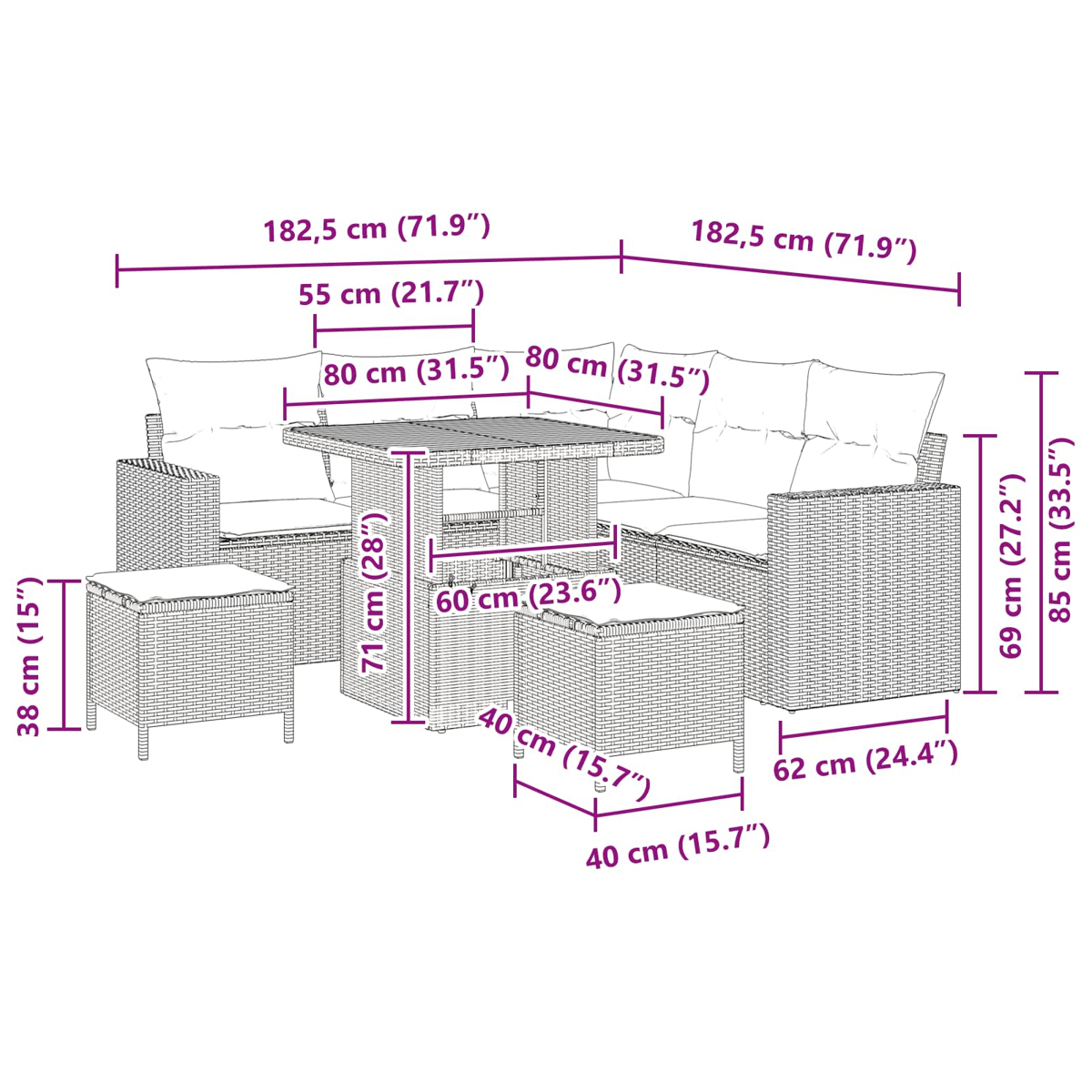 Ein Rattan-Outdoormöbelset mit Tisch, Sofa und zwei Hockern. Abmessungen sind angegeben.