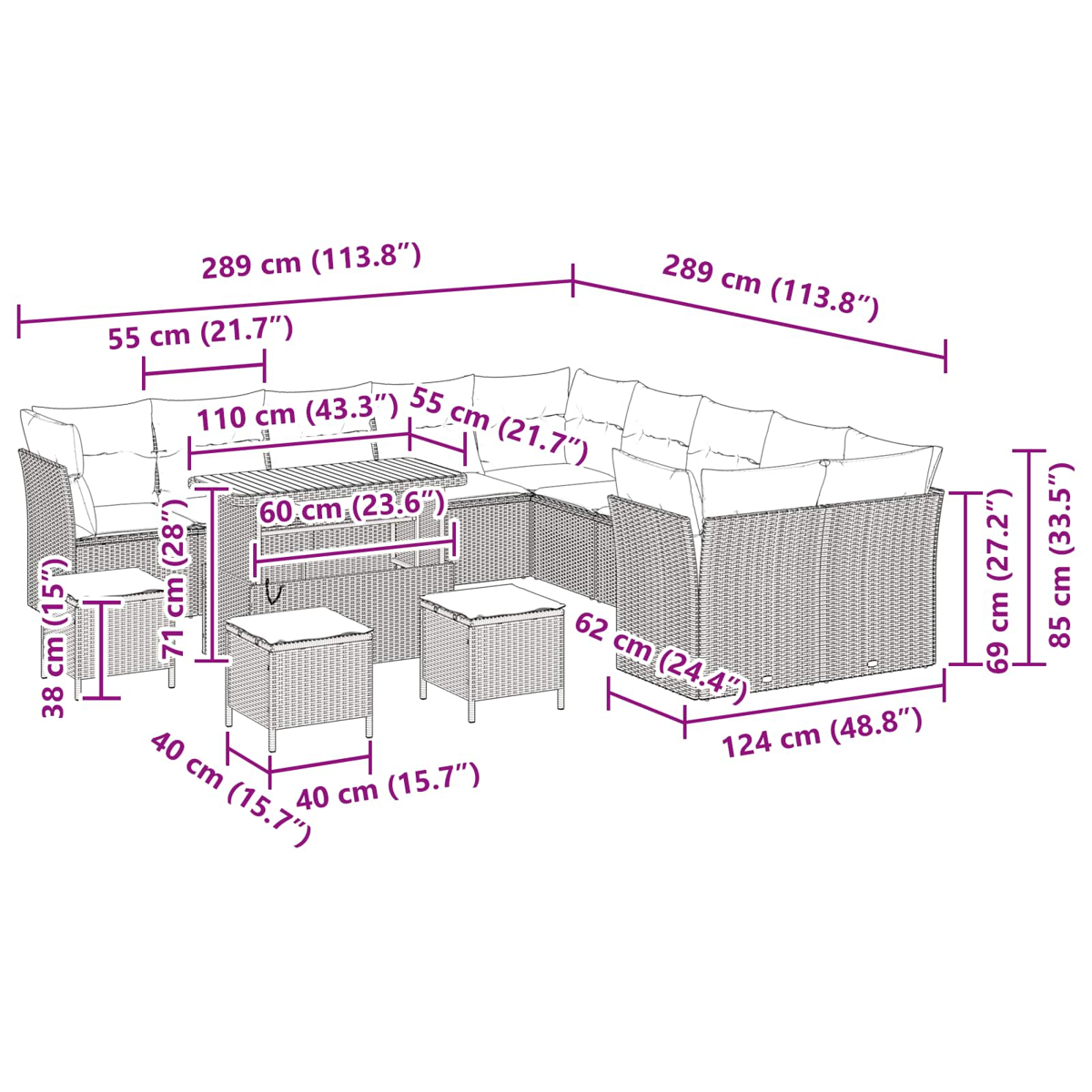 Diagramm eines Outdoor-Möbelsets mit Abmessungen in cm und Zoll. Enthält ein Sofa, einen Tisch und zwei kleine Hocker.