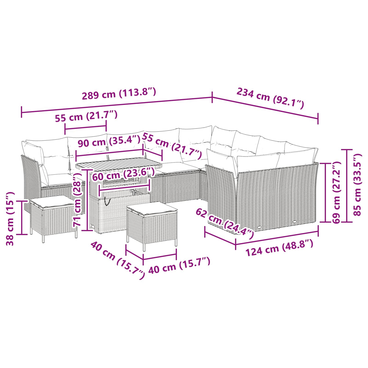 Gartenmöbel-Set aus Korbgeflecht mit Maßangaben in cm und Zoll. Beinhaltet Tisch, Sofa und zwei Hocker.