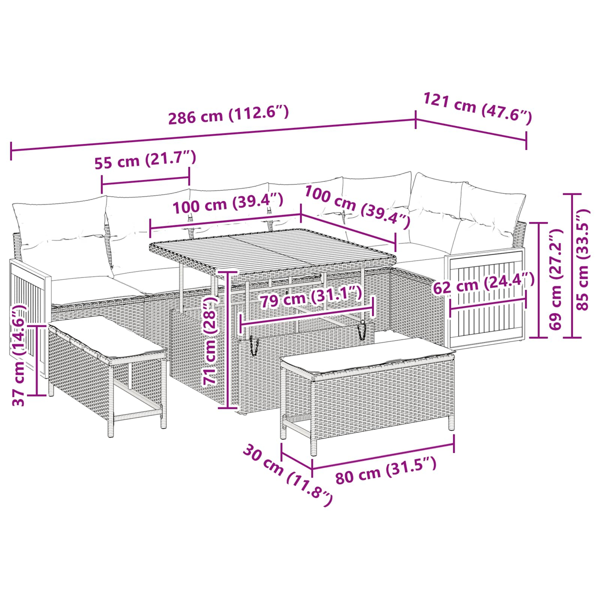 Gartenmöbel-Set aus Korbgeflecht mit Maßangaben. Beinhaltet Sofa, Tisch und zwei Bänke. Beige Kissen sind sichtbar.