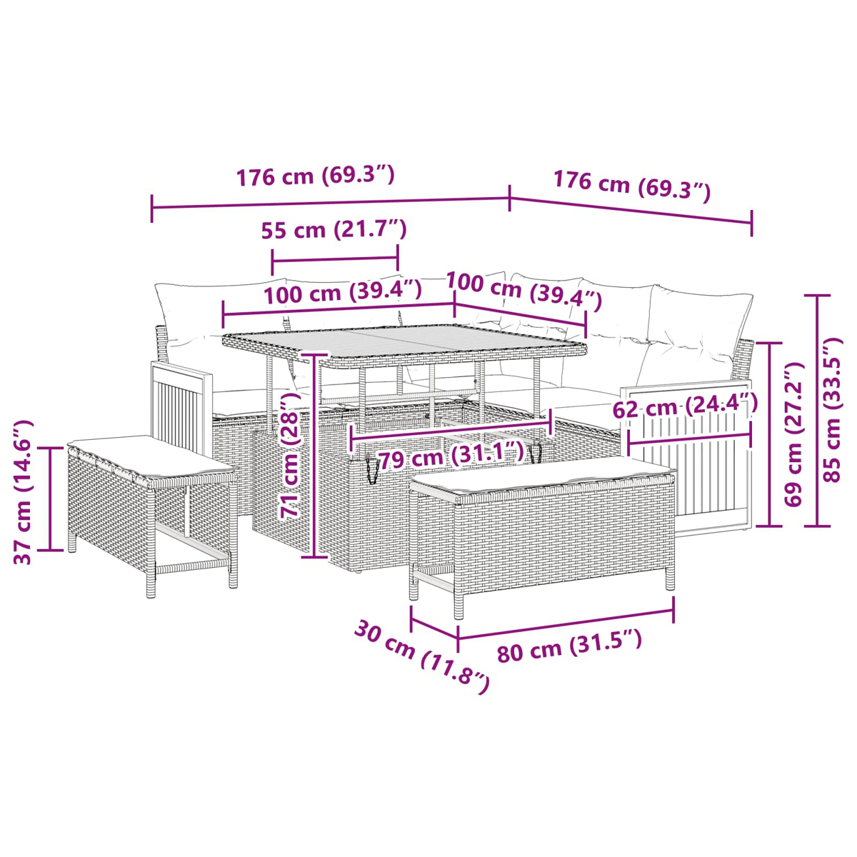 Gartenmöbel-Set mit Maßangaben. Beinhaltet einen Tisch, zwei Sofas und eine Bank, alles aus gewebtem Material.