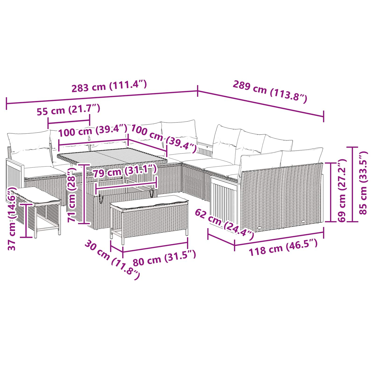 Set di mobili da esterno in rattan con dimensioni in cm e pollici. Include divani, tavolo e contenitore.
