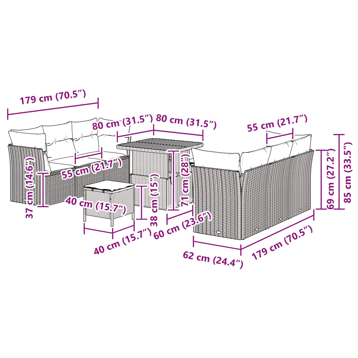 Diagramm eines Rattan-Gartenmöbelsets mit Abmessungen in cm und Zoll, das ein Sofa, einen Tisch und eine Ottomane zeigt.