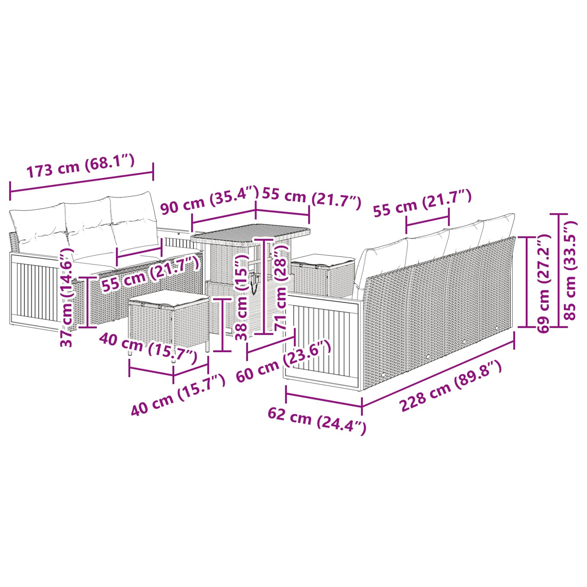 Diagramm von Gartenmöbeln mit Abmessungen: Sofa, Tisch und zwei Ottomanen, alle aus hellbraunem Korbgeflecht.
