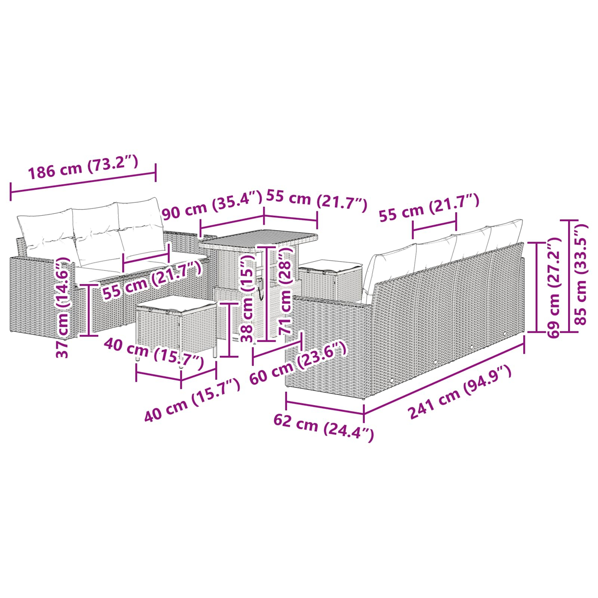 Gartenmöbel-Set mit Maßen. Enthält Sofa, zwei Stühle, Tisch und Hocker. Maße in cm und Zoll werden angezeigt.