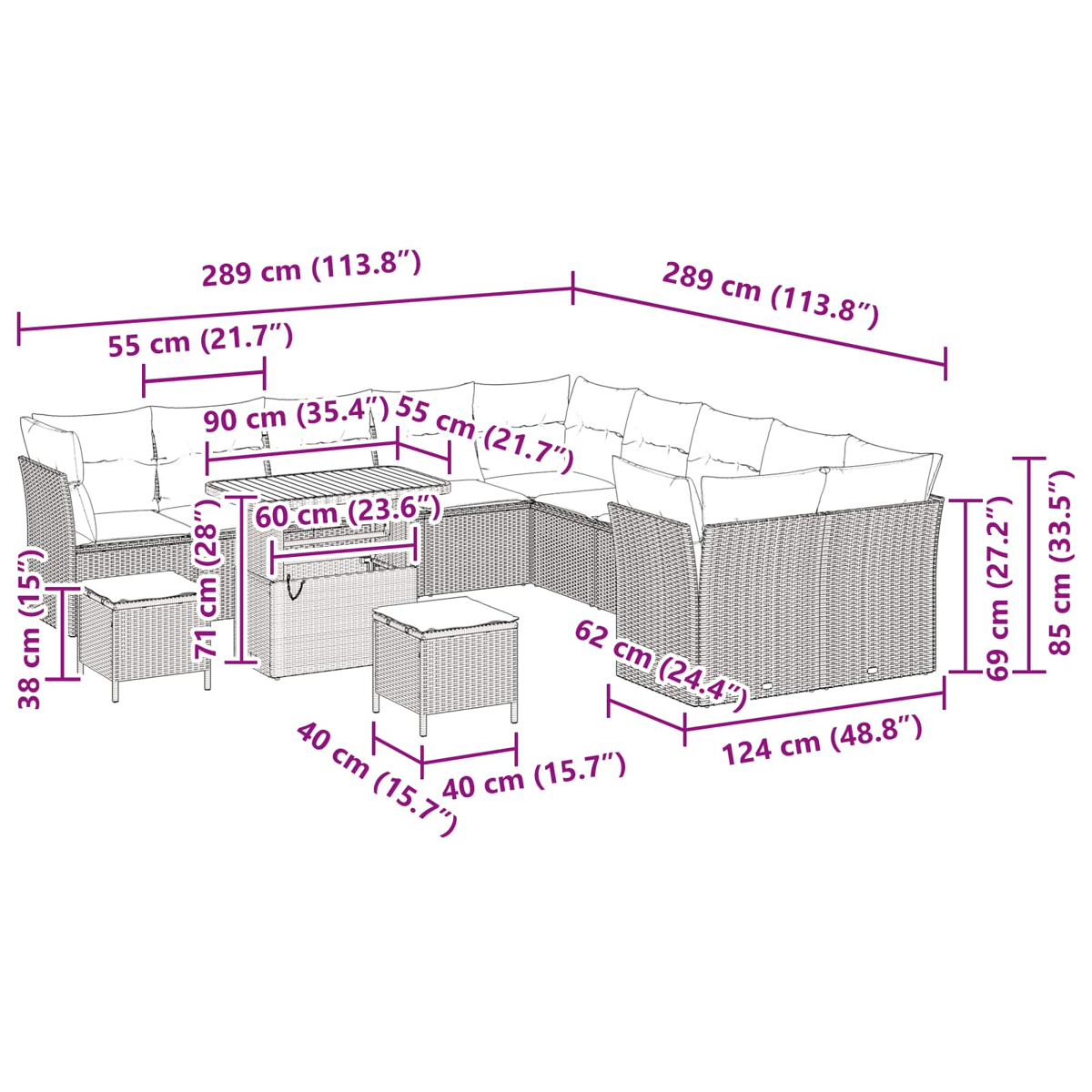 Diagramm eines Rattan-Gartenmöbelsets mit Abmessungen. Enthält ein Sofa, einen Tisch und zwei kleine Hocker.