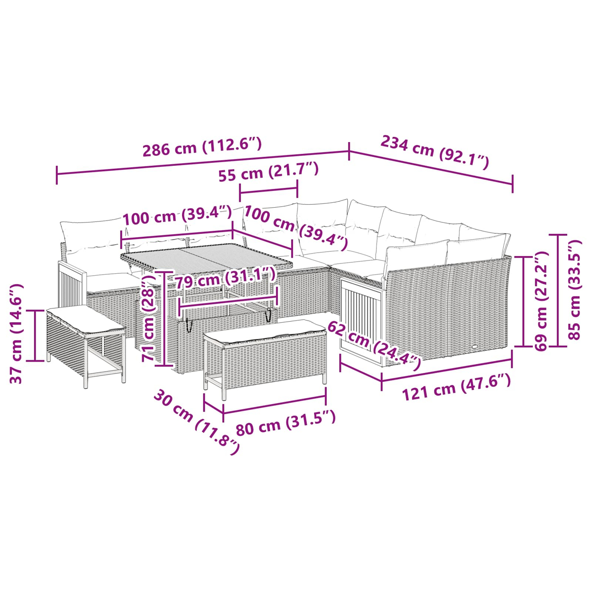 Gartenmöbelset mit Maßen. Enthält einen Tisch, ein Sofa und zwei Hocker. Maße sind in cm und Zoll angegeben.