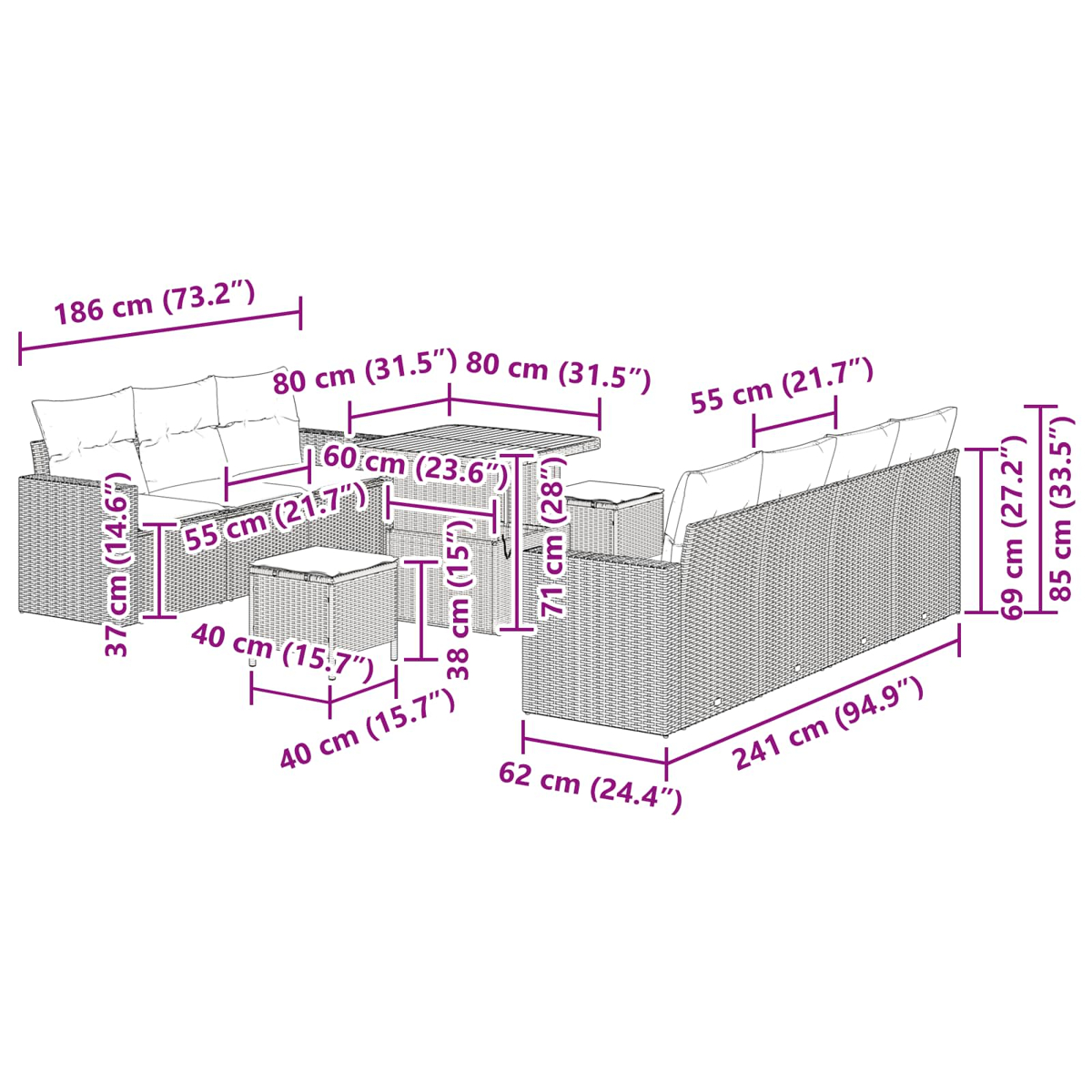 Diagramm eines Rattan-Gartenmöbelsets mit Abmessungen. Enthält ein Sofa, einen Tisch und zwei Ottomane. Beige Kissen.