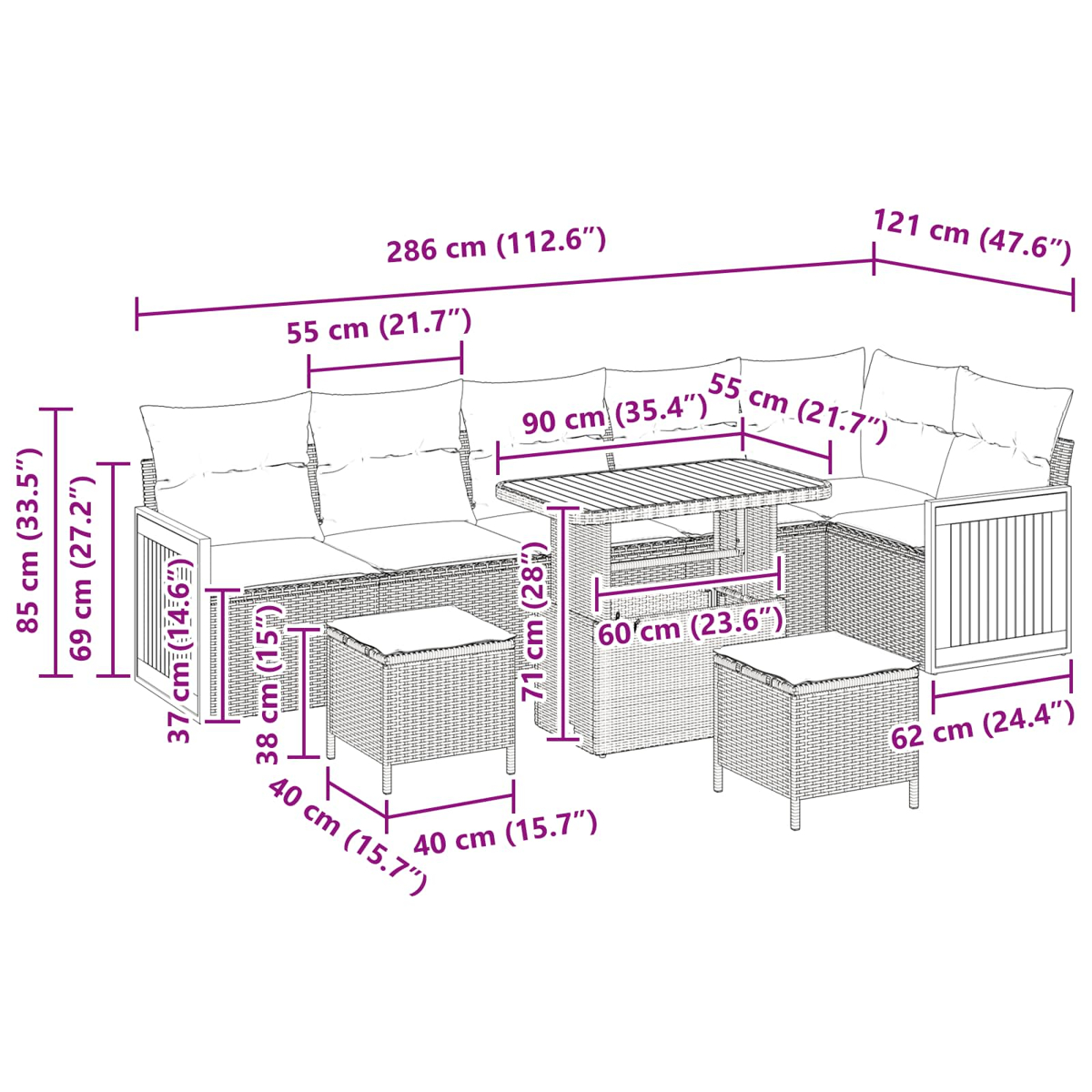 Ein Gartenmöbel-Set, bestehend aus einem Sofa, einem Tisch und zwei Ottomanen. Abmessungen sind angegeben.