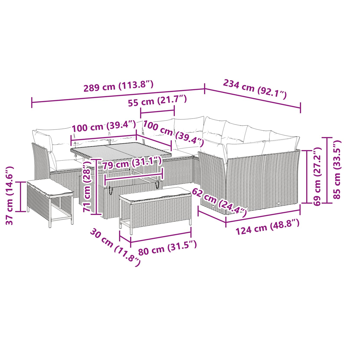 Diagramm eines Gartenmöbelsets mit Abmessungen in cm und Zoll. Enthält einen Tisch, eine Bank und ein Ecksofa.