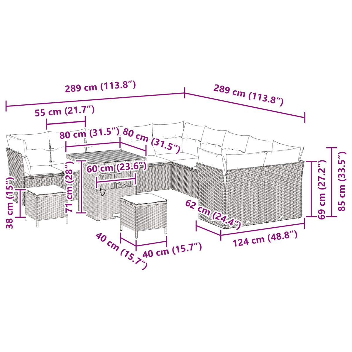 Ein Diagramm zeigt Gartenmöbel mit Abmessungen in cm und Zoll. Es umfasst ein Sofa, einen Tisch und Hocker.