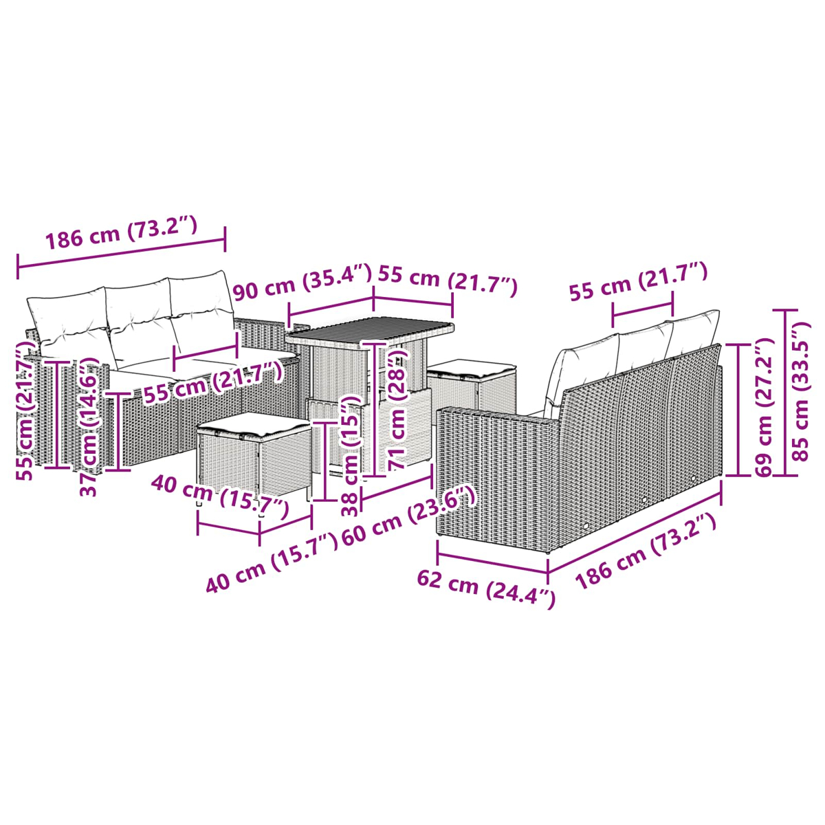 Diagramm mit Abmessungen eines Gartenmöbelsets: Sofa, Tisch, zwei Stühle und zwei quadratische Hocker. Maße in cm und Zoll.