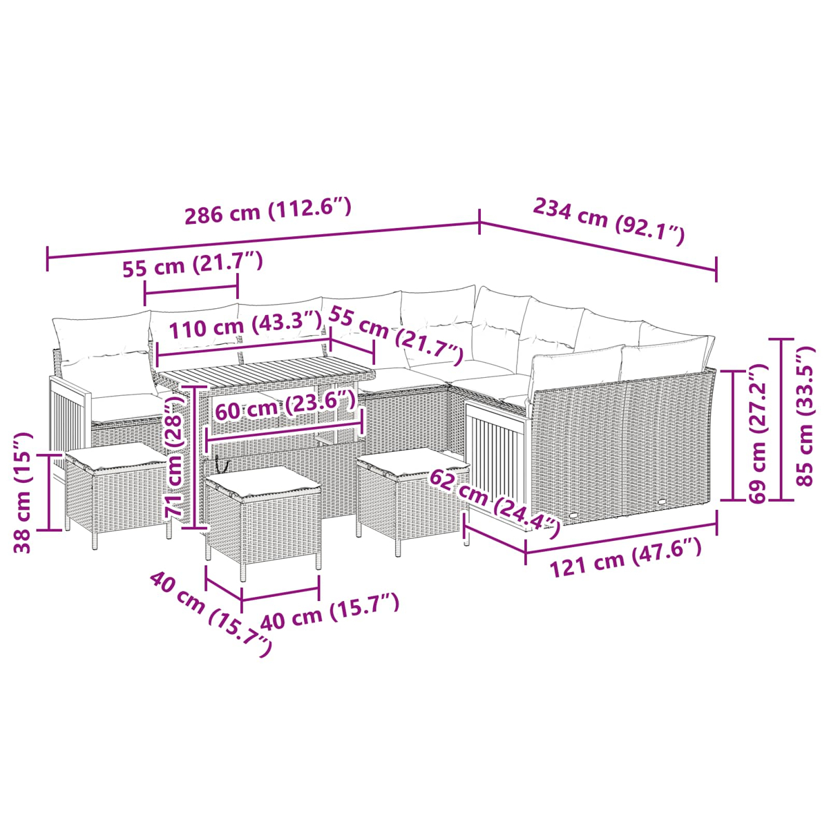 Diagramm einer Gartenmöbelgarnitur aus Korbgeflecht. Enthält Ecksofa, Tisch und kleine Hocker, mit Maßen.