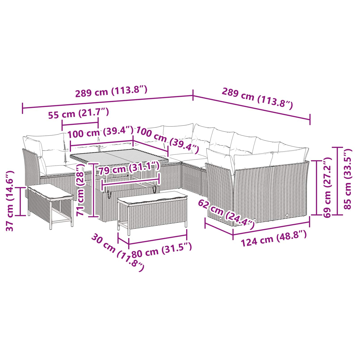 Ein Diagramm zeigt Gartenmöbel aus Korbgeflecht mit Abmessungen. Es umfasst einen Tisch, ein Sofa und eine Aufbewahrungsbank mit Maßangaben.
