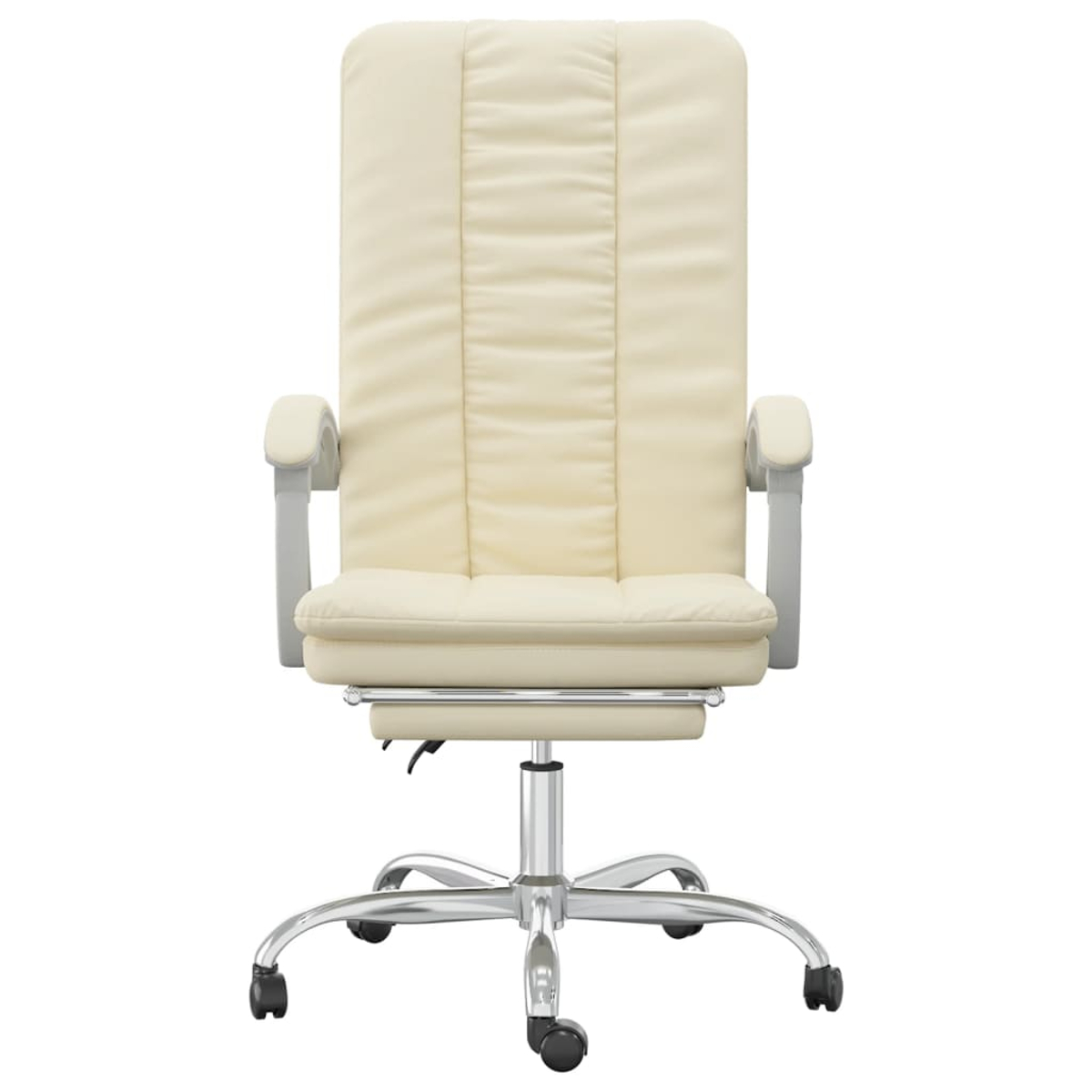 Cremefarbener Bürostuhl mit gepolsterter Sitzfläche und Rückenlehne. Er hat Armlehnen und ein Chromgestell mit Rädern, vor weißem Hintergrund.