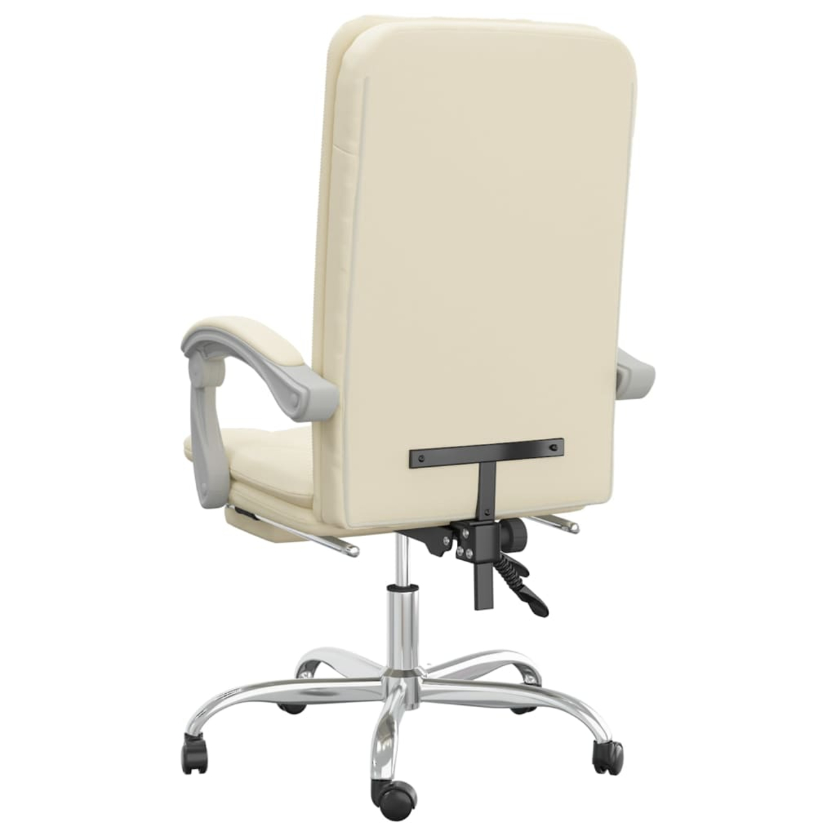 Cremefarbener Bürostuhl von hinten, mit Chromfuß und Armlehnen. Er hat eine hohe Rückenlehne und Rollen für Mobilität.