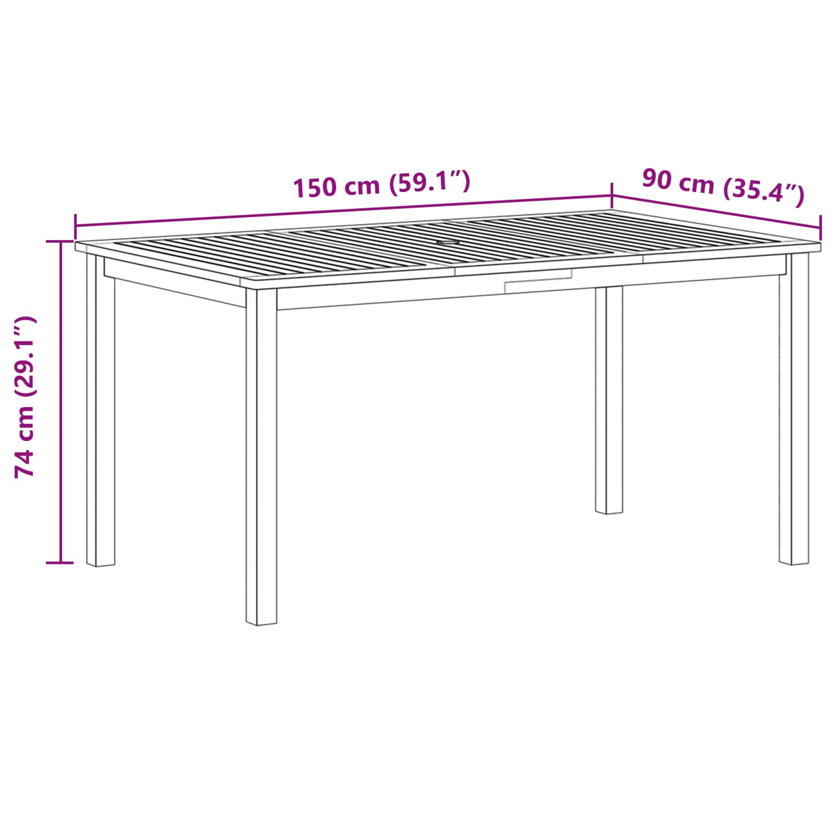 Ein Holztisch mit Lattenrost, Abmessungen: 150 cm x 90 cm x 74 cm. Er steht auf vier Beinen, vor weißem Hintergrund.