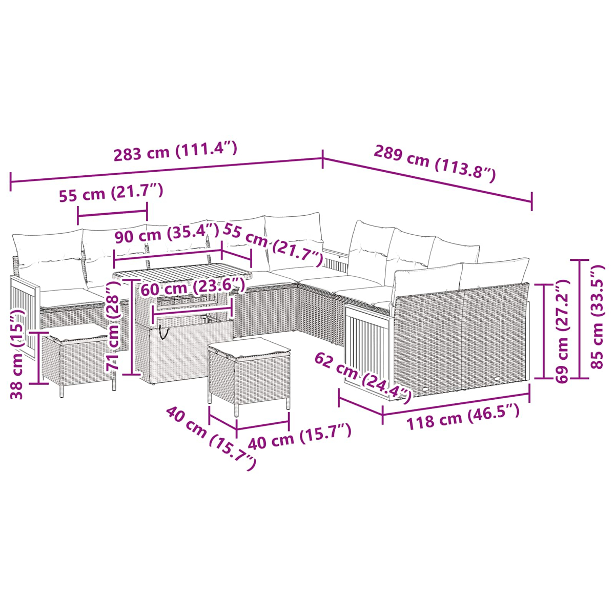 Gartenmöbel-Set aus Korbgeflecht mit Maßangaben. Enthält Sofas, Tisch und Hocker, alles in hellbrauner Farbe.