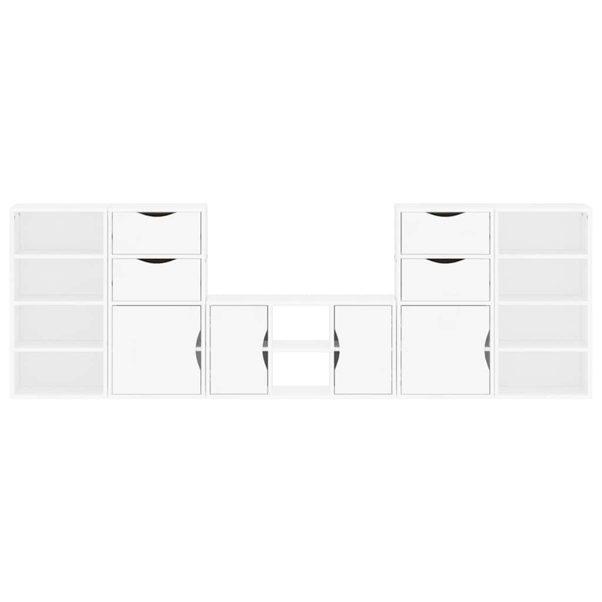 Weißes modulares Aufbewahrungselement. Enthält Regale, Schubladen und Schränke. Symmetrisches Design. Saubere, moderne Ästhetik.