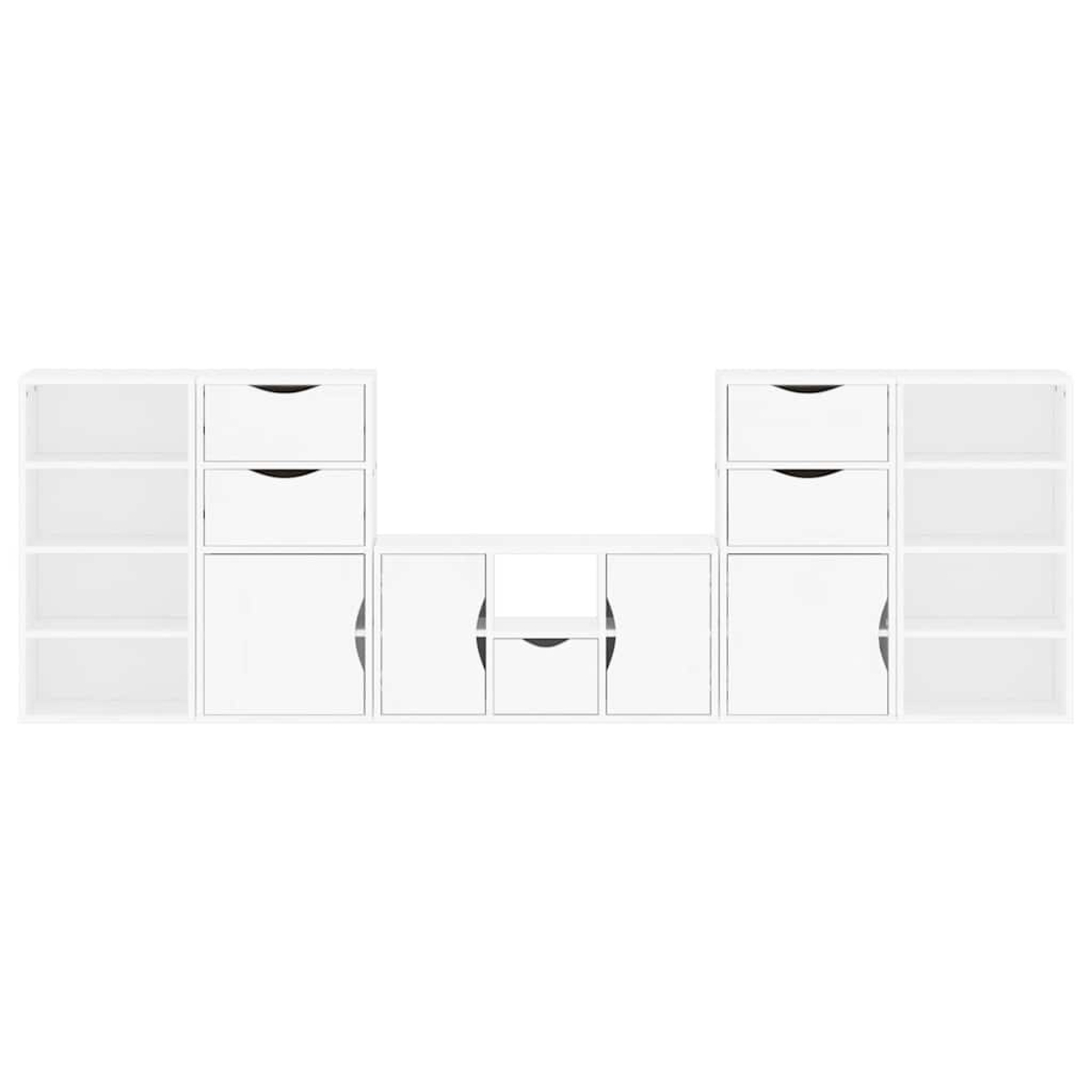 Ein weißes Schrankset mit Schubladen, Regalen und Türen. Der Schrank ist symmetrisch mit offenen Regalen an den Seiten.
