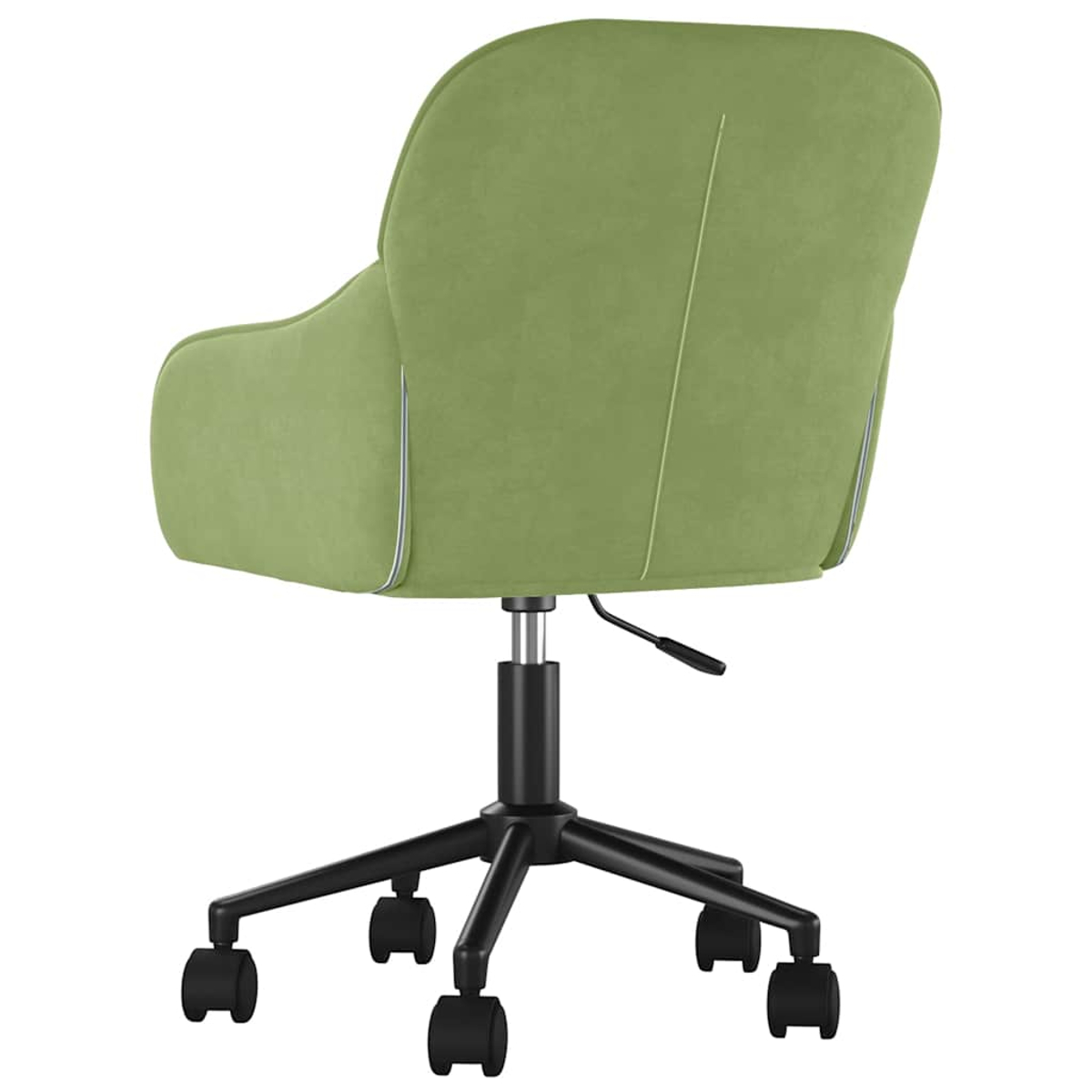 Ein grüner Bürostuhl von hinten, der die Rückenlehne, den Sitz, die Armlehnen und das Gestell mit Rollen zeigt. Der Stuhl steht auf weißem Hintergrund.