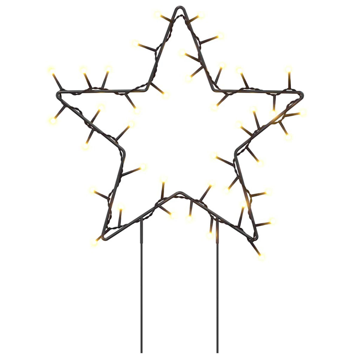Sternförmige Weihnachtsdekoration mit warmweißen Lichtern, umrandet von einem dunklen Metallrahmen, getragen von zwei schwarzen Stäben.