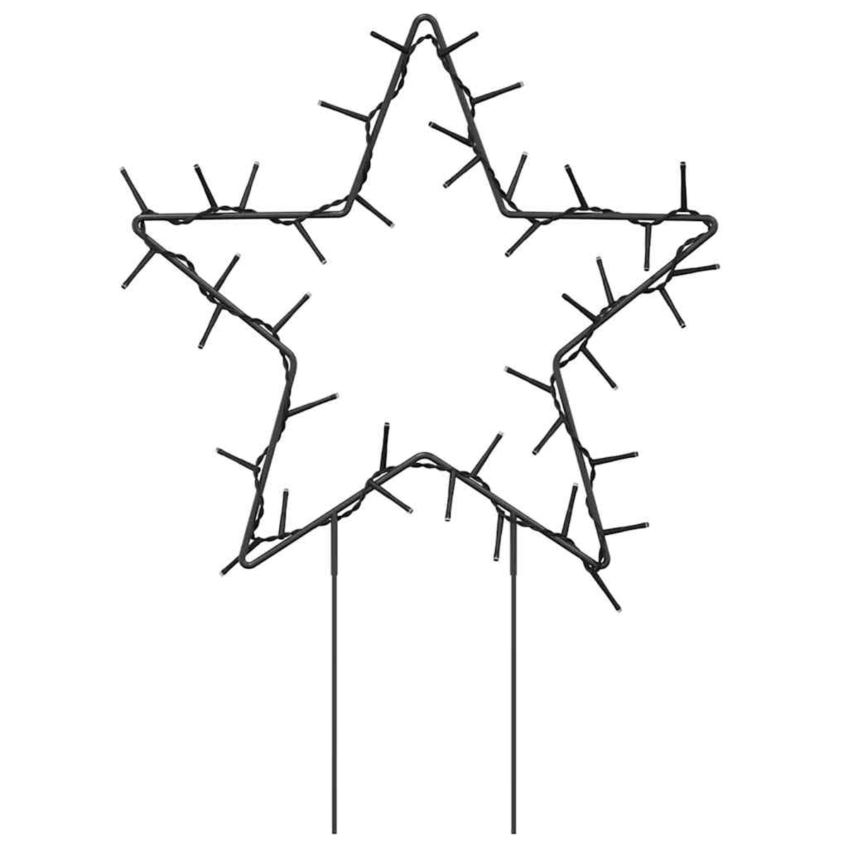 Eine schwarze sternförmige Weihnachtsdekoration mit zahlreichen kleinen Lichtern und zwei Stützstangen. Der Hintergrund ist weiß.