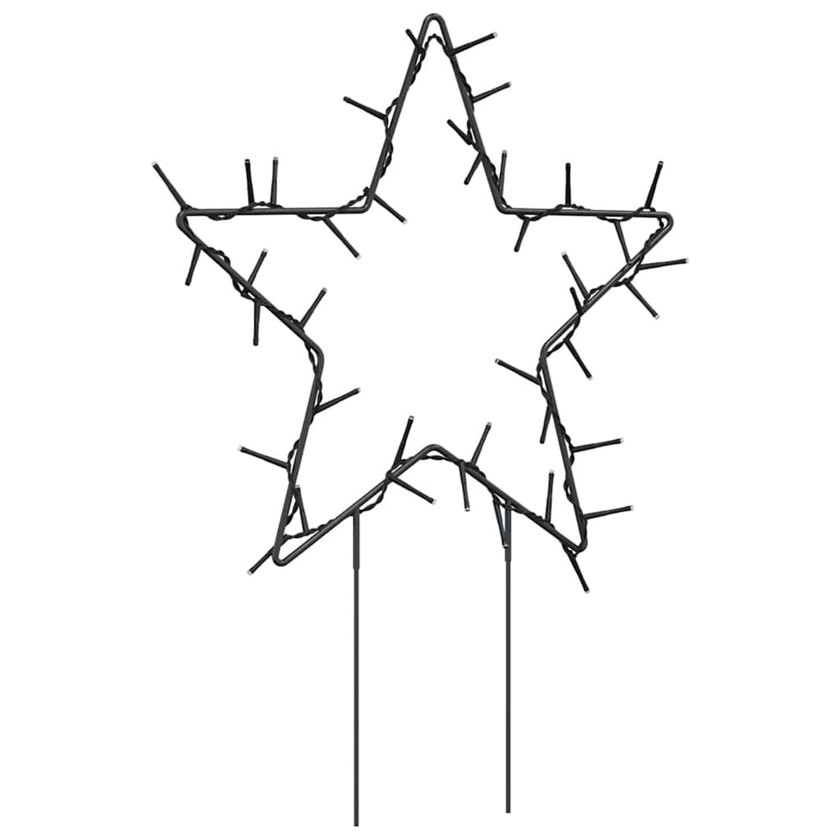 Eine sternförmige Lichterketten-Dekoration. Sie ist schwarz und hat kleine Lichter. Zwei Metallstangen stützen den Stern auf weißem Hintergrund.