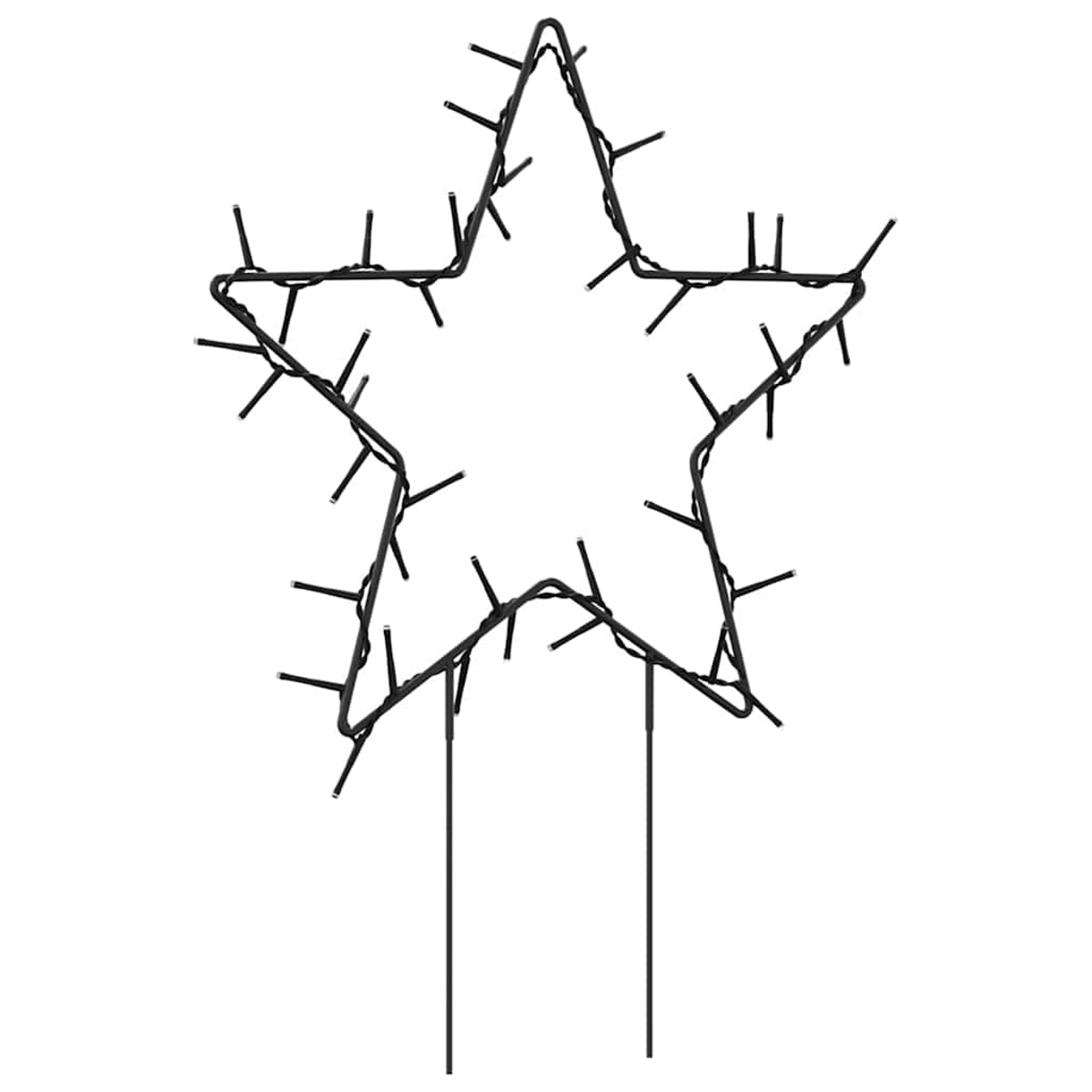 Eine schwarze sternförmige Lichtdekoration. Der Stern ist mit Lichtern umrandet und hat unten zwei Stützstangen.