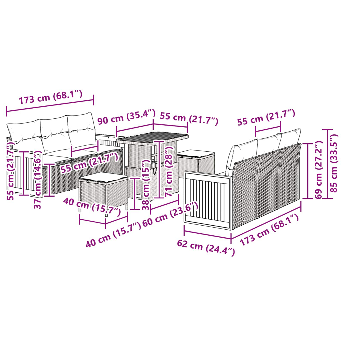 Ein Diagramm zeigt ein Rattan-Gartenmöbel-Set mit Maßen. Es umfasst ein Sofa, zwei Stühle, einen Tisch und zwei kleine Ottomanen.