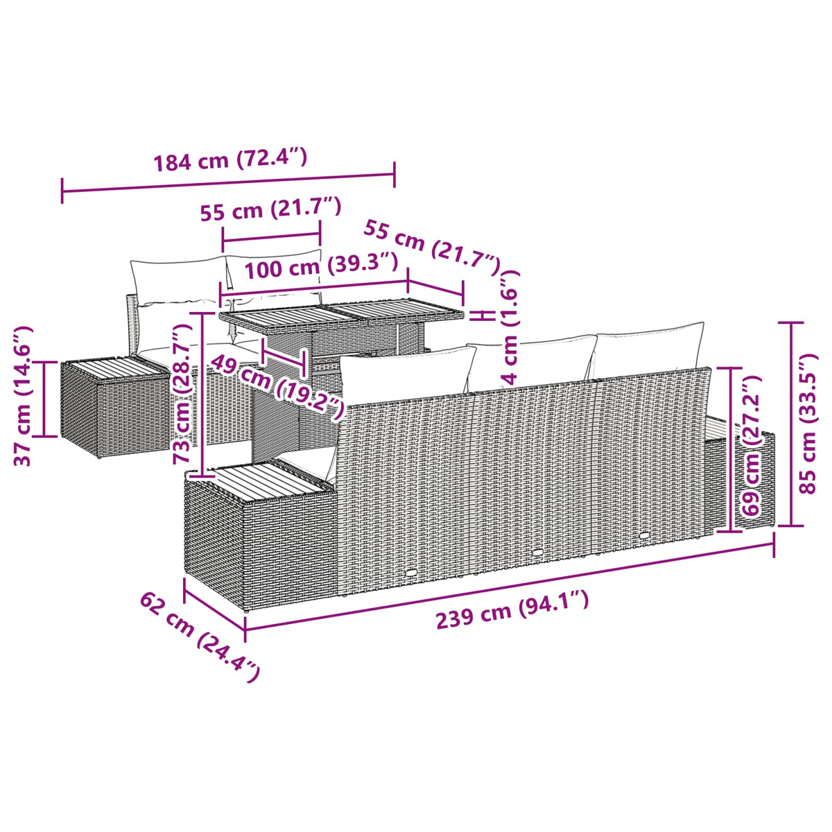 Diagramm eines Terrassenmöbelsets mit Abmessungen in cm und Zoll. Enthält ein Sofa, zwei kleine Tische und einen Couchtisch.
