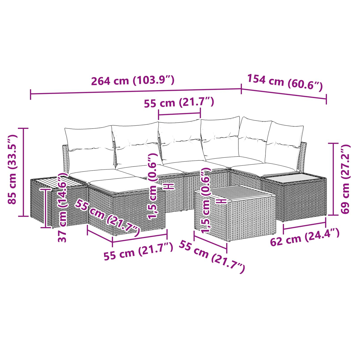 Diagramm eines Outdoor-Ecksofas. Abmessungen sind in cm und Zoll angegeben. Merkmale sind Kissen und ein niedriger Tisch.
