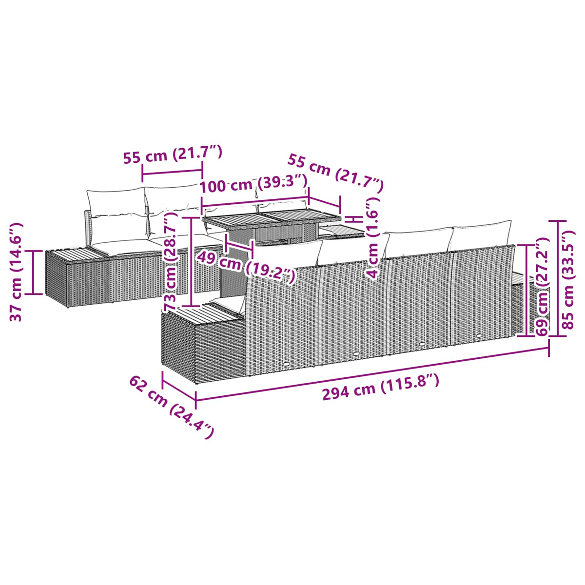 Ein Diagramm zeigt ein Rattansofa-Set mit Abmessungen in cm und Zoll. Beinhaltet einen Tisch und zwei Sitzbereiche mit Kissen.