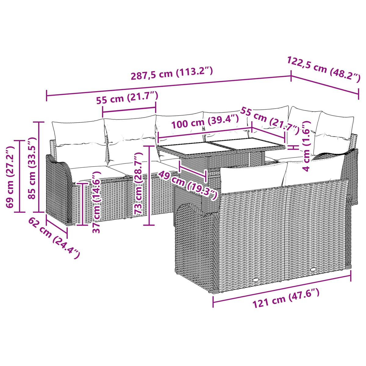 Ein geflochtenes Gartenmöbelset mit Maßangaben. Enthält Sofa, Tisch und Maße in cm und Zoll.
