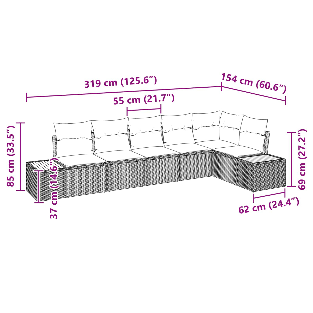 Ein Ecksofa mit Kissen, Abmessungen mit Maßen in cm und Zoll gekennzeichnet.