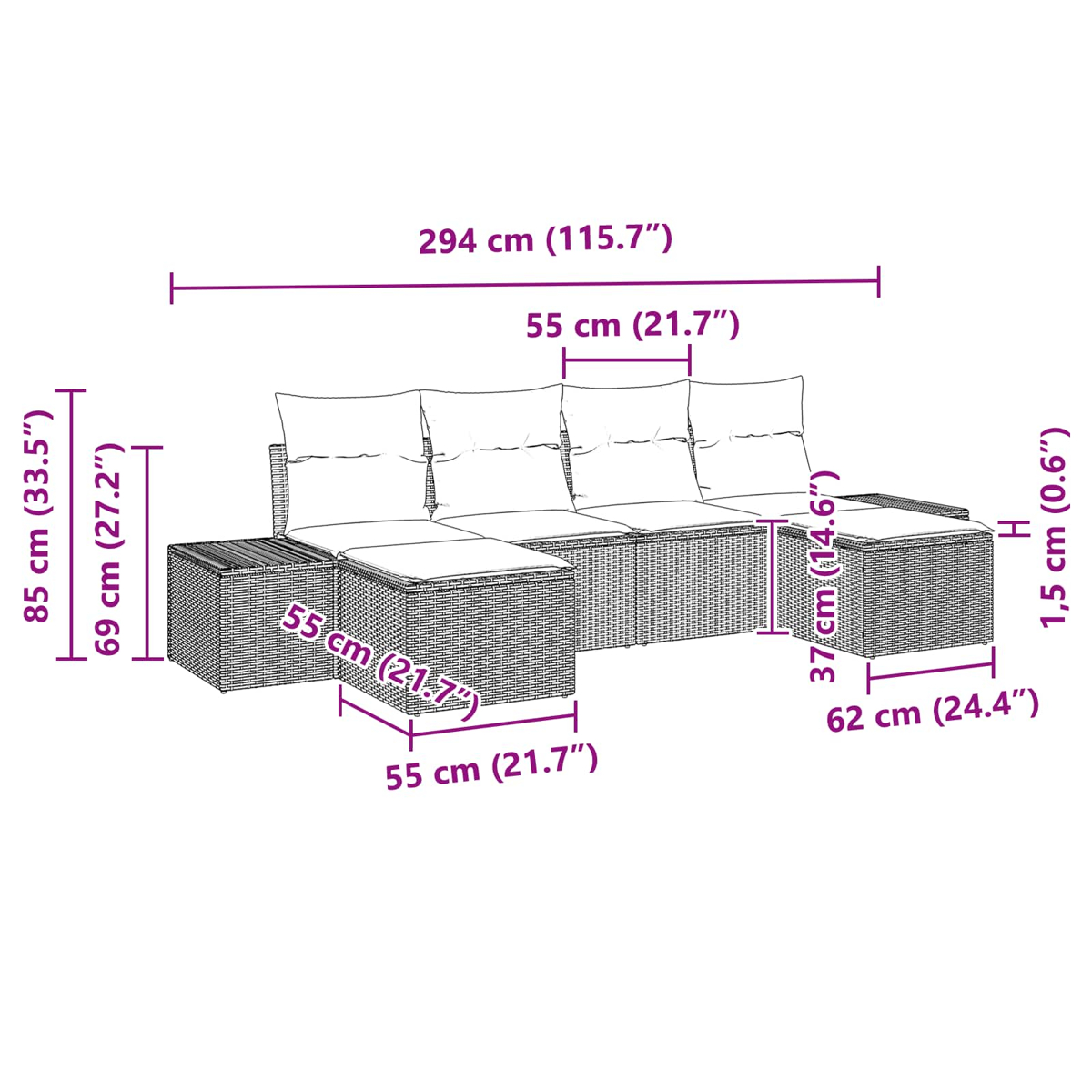 Ein Ecksofa mit beschrifteten Abmessungen. Es ist ein Korbmöbeldesign mit Kissen. Abmessungen umfassen Länge, Höhe und Breite.