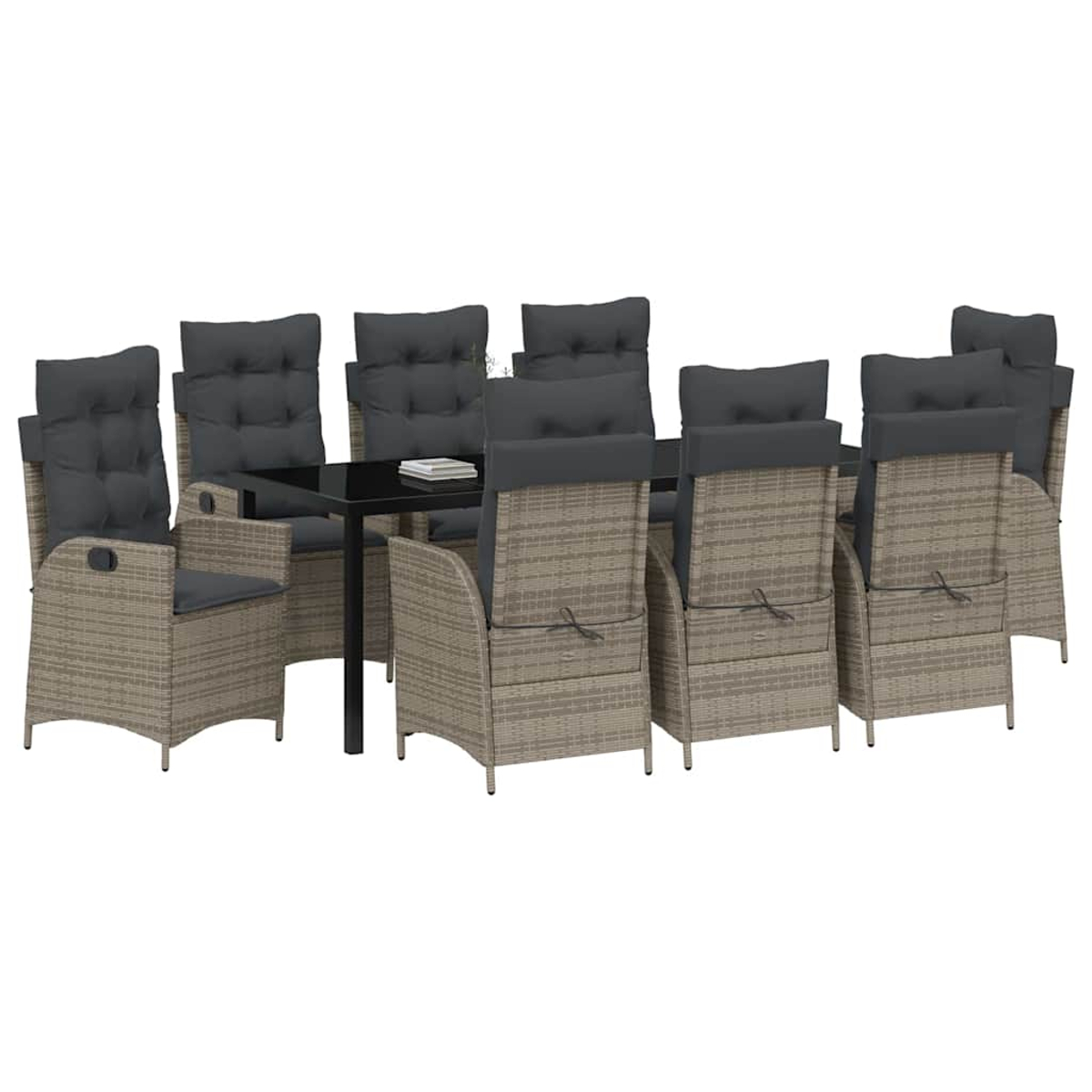Ein Ess-Set mit einem schwarzen Tisch und acht Stühlen mit grauen Kissen. Stühle sind aus gewebtem Material.