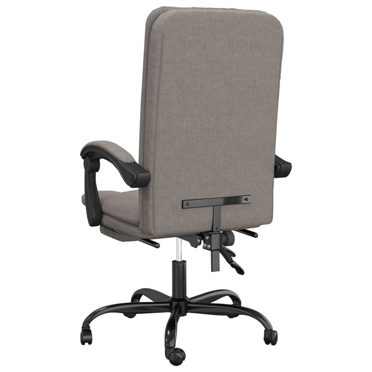 Rückansicht eines grauen Bürostuhls mit schwarzen Armlehnen und Gestell. Der Stuhl steht vor weißem Hintergrund.