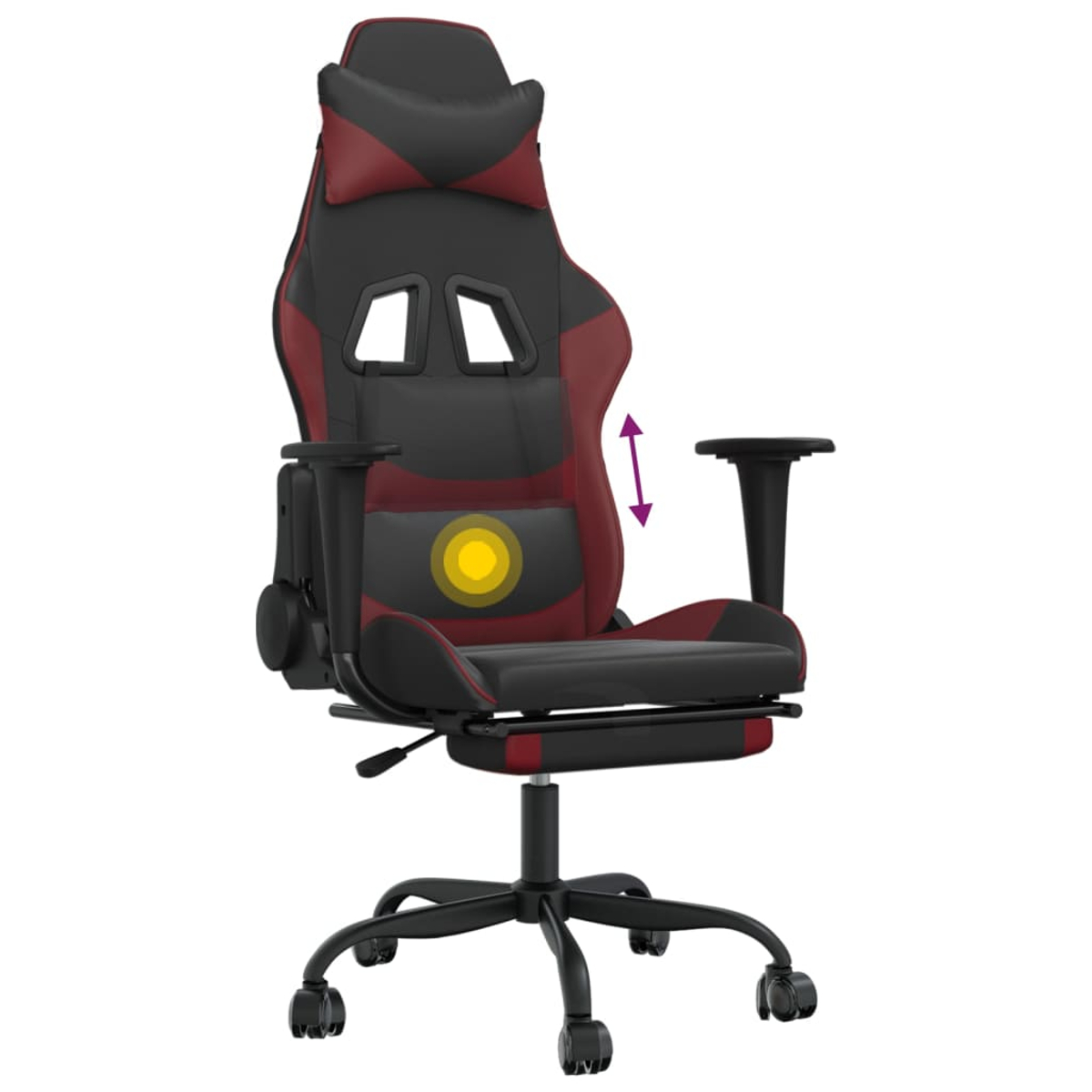Ein Gaming-Stuhl in Rot und Schwarz. Er hat eine Kopfstütze und Armlehnen. Der Stuhl steht auf einem schwarzen Untergestell mit Rollen.