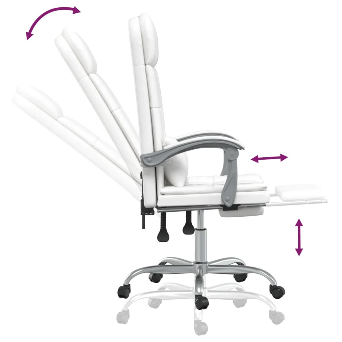 Ein weißer Bürostuhl mit verstellbarer Rückenlehne, Armlehnen und Fußstütze. Pfeile zeigen mögliche Bewegungen an.