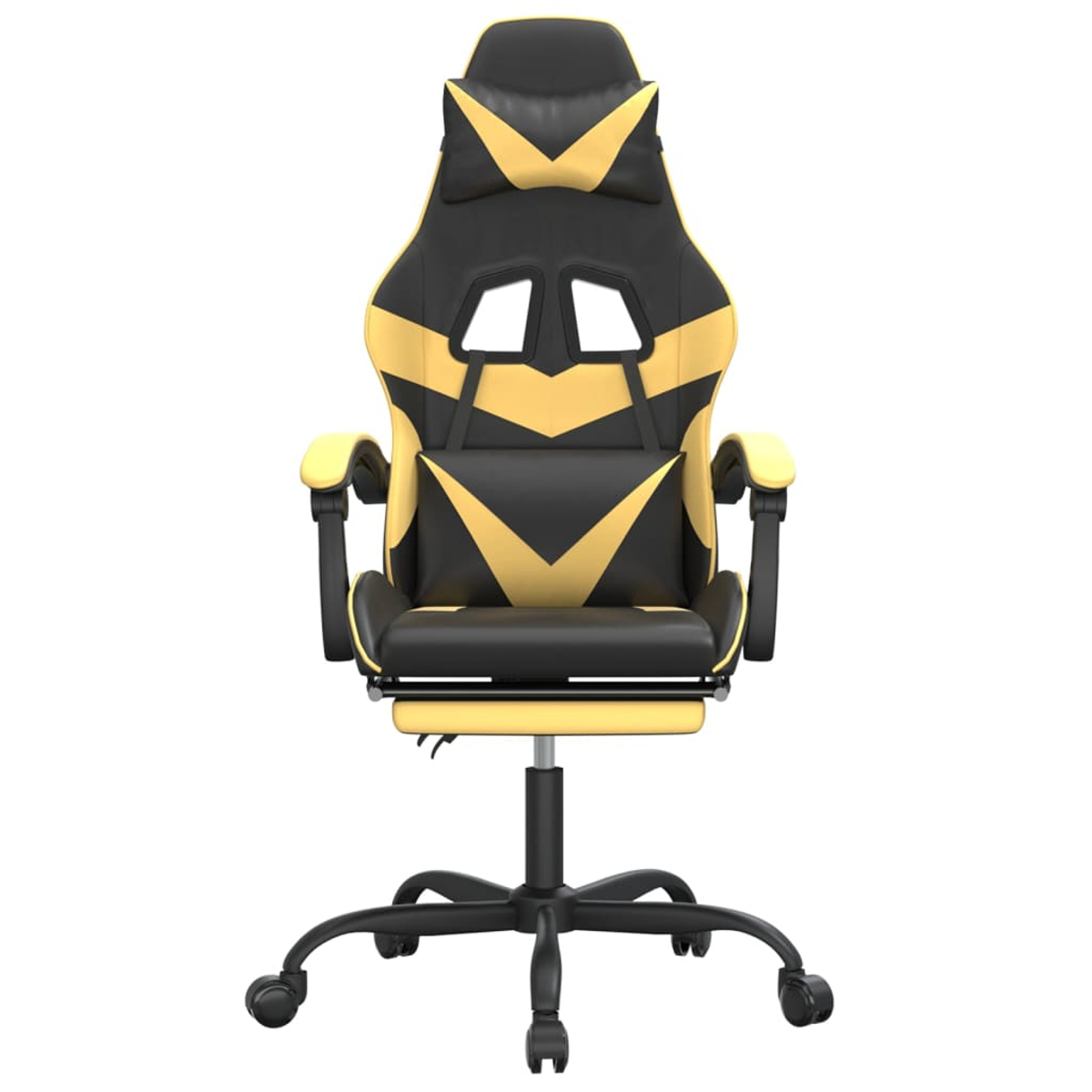Gaming-Stuhl. Schwarz-gelbes Design. Hohe Rückenlehne mit Kopfstütze, Armlehnen und Fußstütze. Fünf-Rad-Basis.