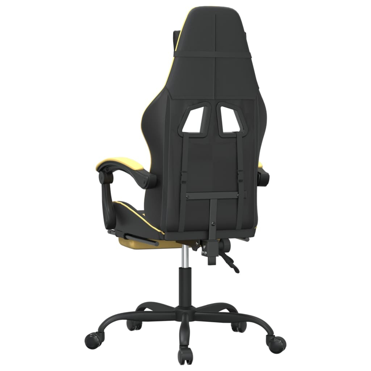 Ein schwarzer und gelber Gaming-Stuhl ist von hinten zu sehen. Er hat eine hohe Rückenlehne, Armlehnen und ein Fünf-Rollen-Gestell auf weißem Hintergrund.