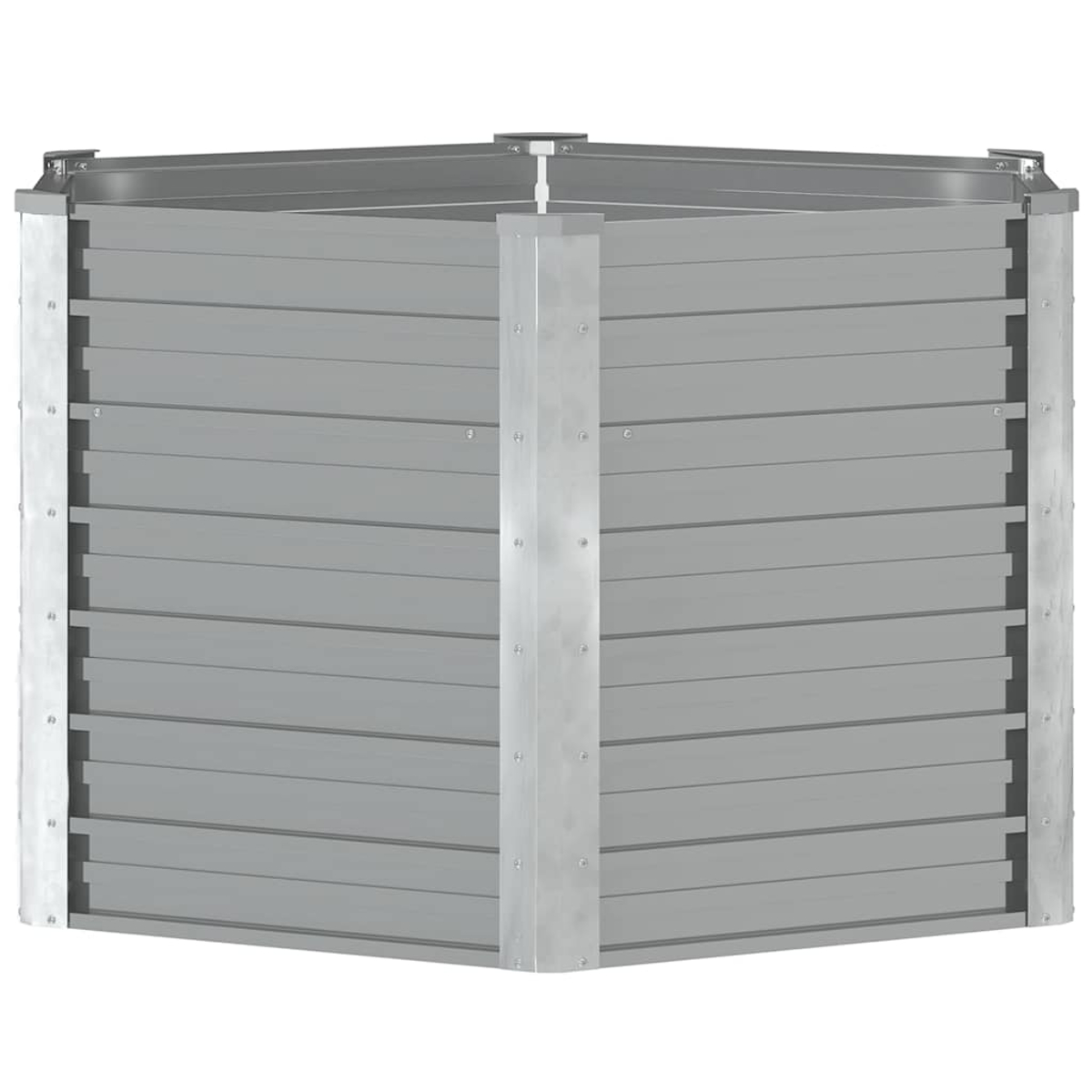 Graue, eckige Pflanzkasten mit horizontalen Lamellen. Es hat silberne Metallecken und obere Kanten.